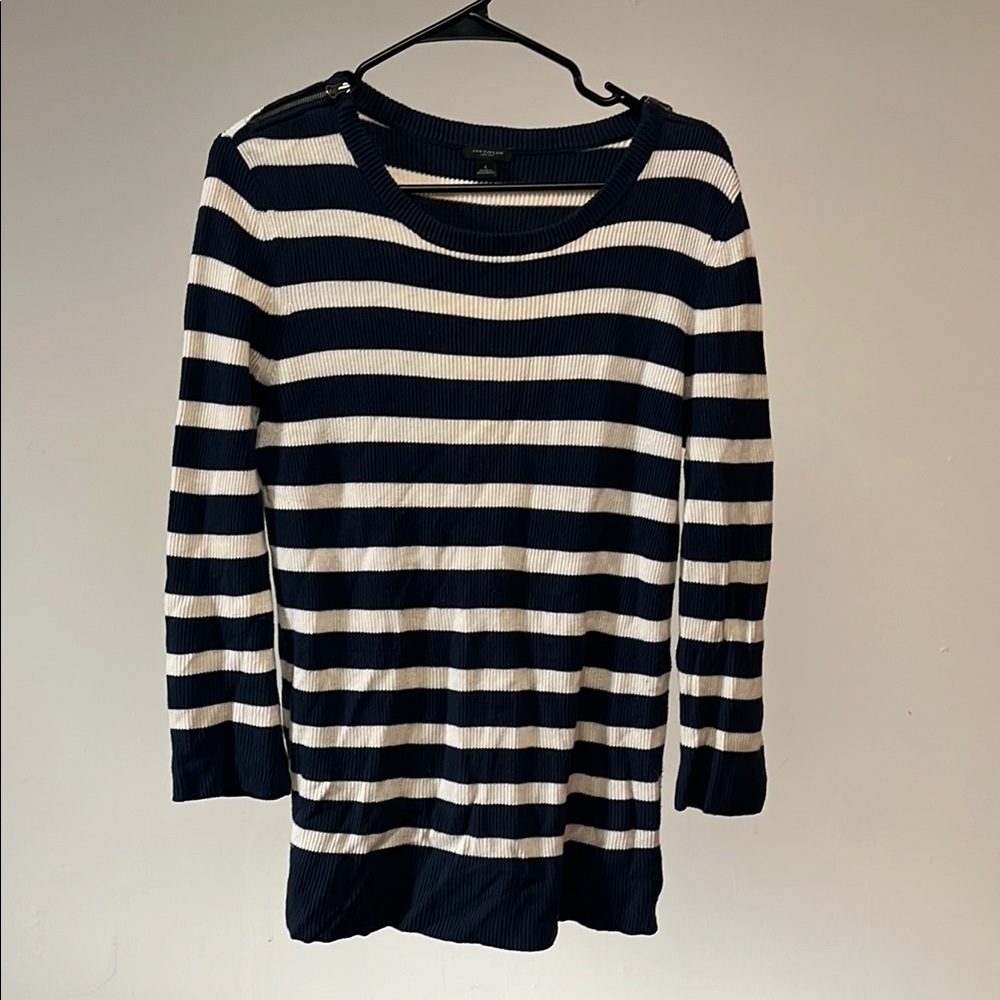 Ann Taylor Navy and White Striped Sweater w/Shoulder Zips
